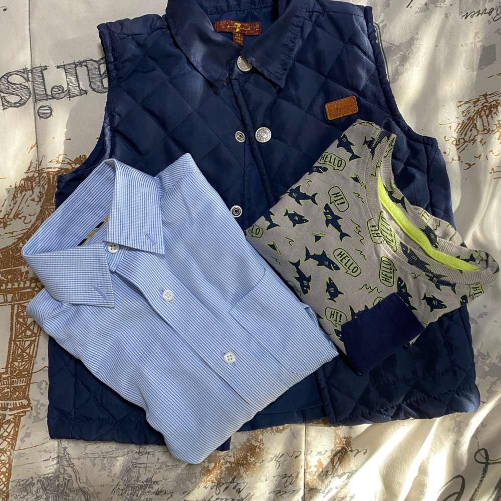 Navy Quilted Vest with Blue Shirt and Gray Shark Print Tee